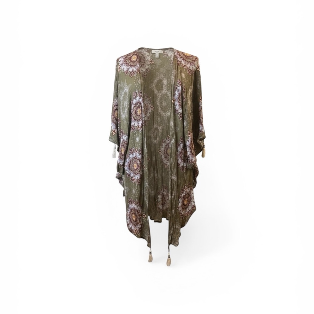Papermoon Olive Boho Kimono Cardigan Floral Medallion Duster tassel cover up S